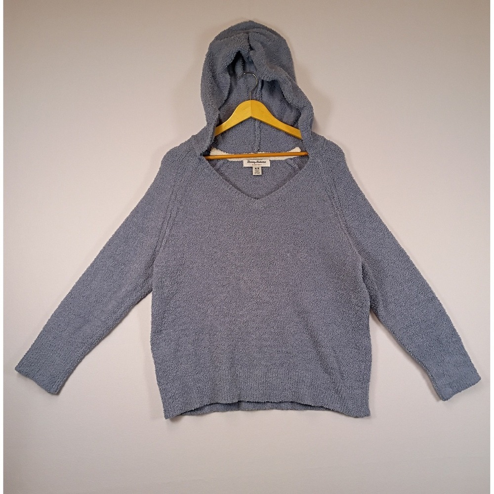 Coastal Tommy Bahama Women Medium Blue Island Soft Popcorn Knit V-Neck Hoodie